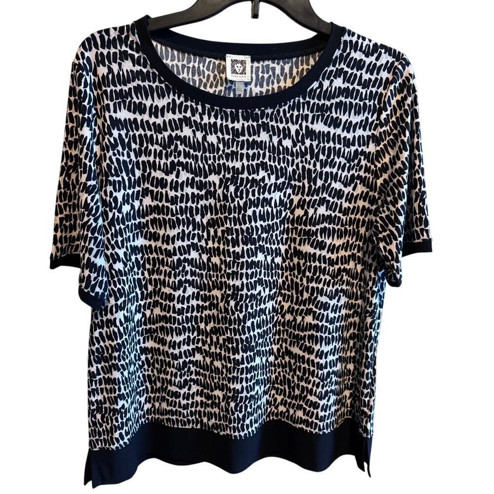 Anne Klein Black White Abstract Short Sleeve Shirt Top Belted Waist Sz L